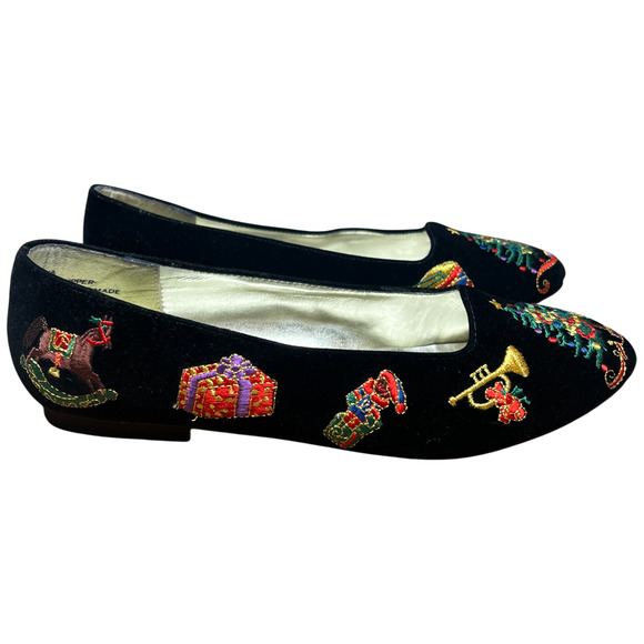 Vtg DONNA LAWRENCE Toya Women 7M Black Velvet Christmas Slip On Shoes XMAS Flats - Picture 4 of 16